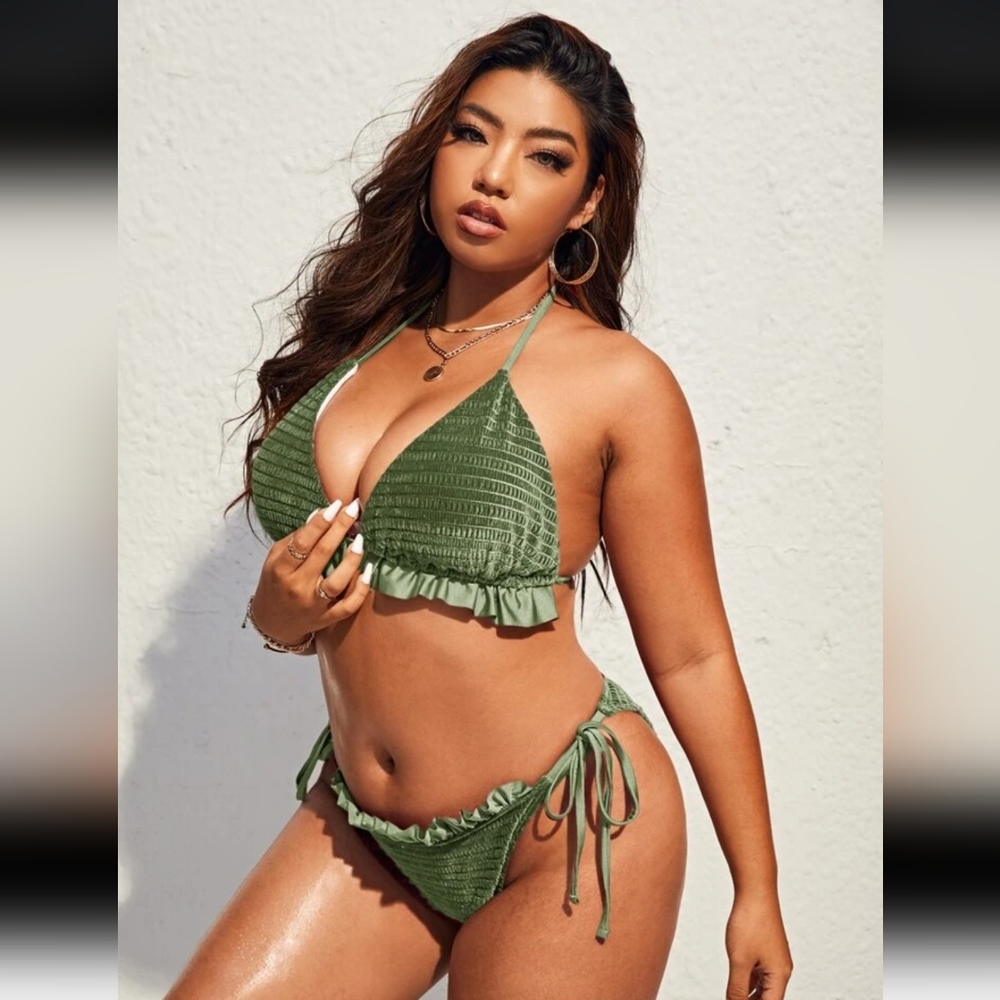 Olive Green Ruffle detailed 2 Piece Bikini Swimsuit (1XL)